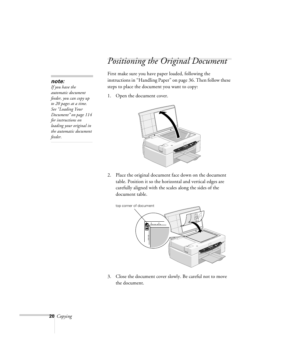 Positioning the original document | Epson 2500 User Manual | Page 26 / 180