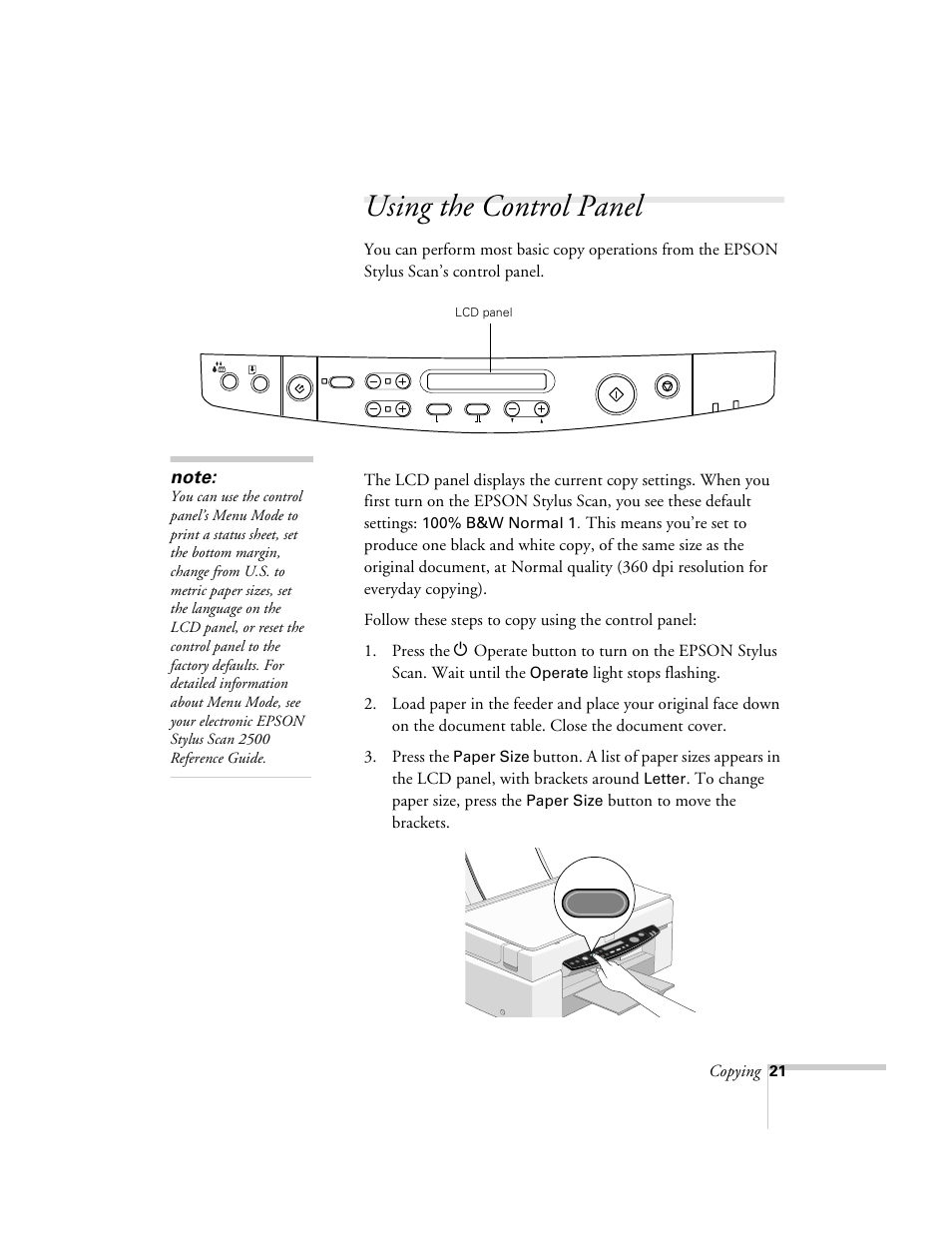 Using the control panel, Copying, Button to move the brackets | Epson 2500 User Manual | Page 27 / 180