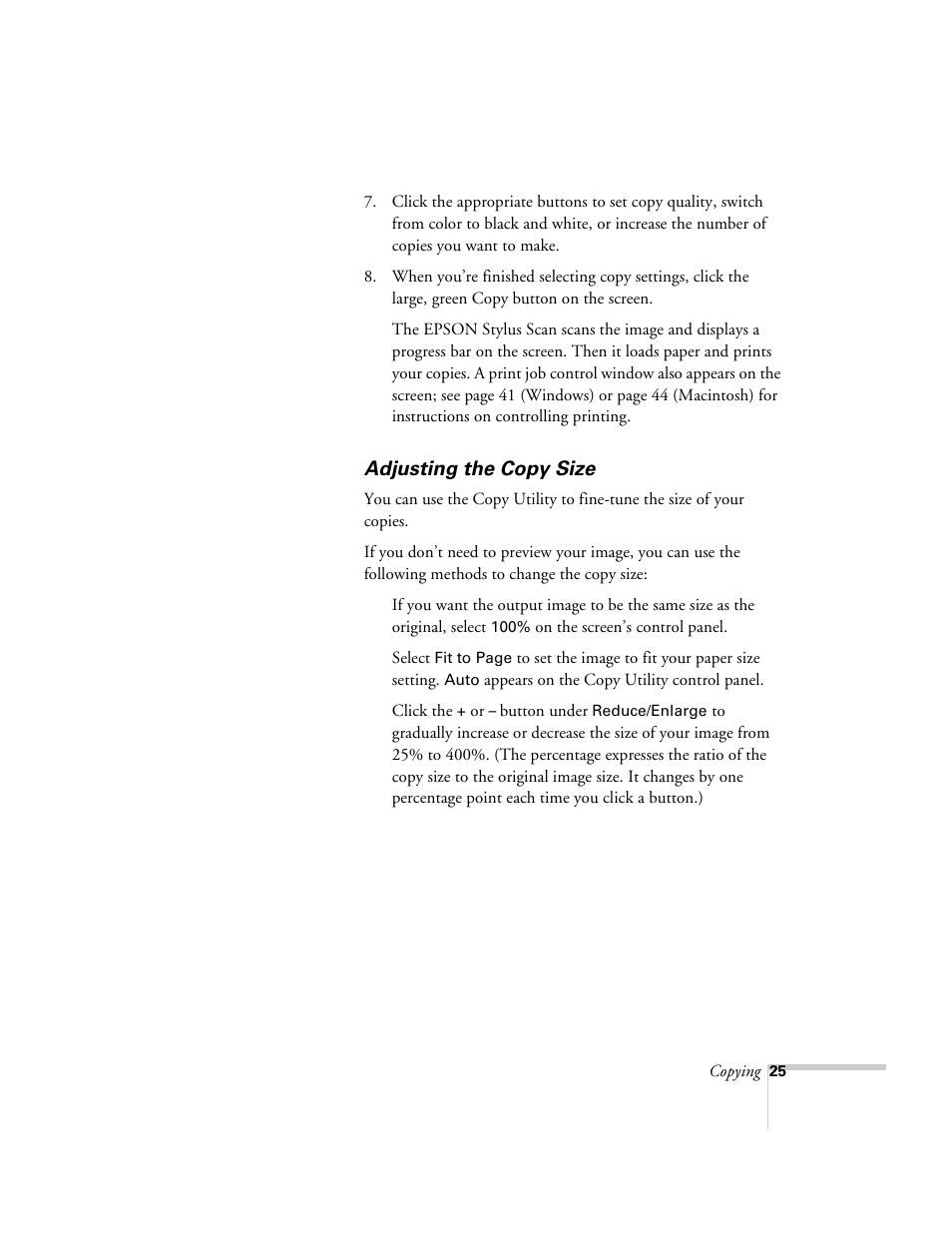 Adjusting the copy size | Epson 2500 User Manual | Page 31 / 180