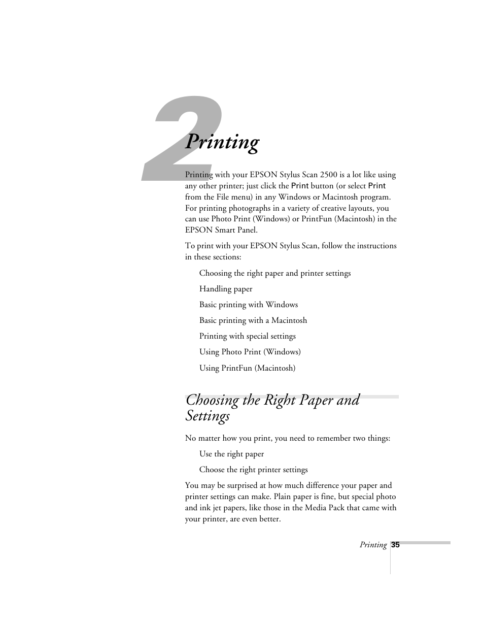 Chap 2-printing, Choosing the right paper and settings, Printing | Epson 2500 User Manual | Page 41 / 180