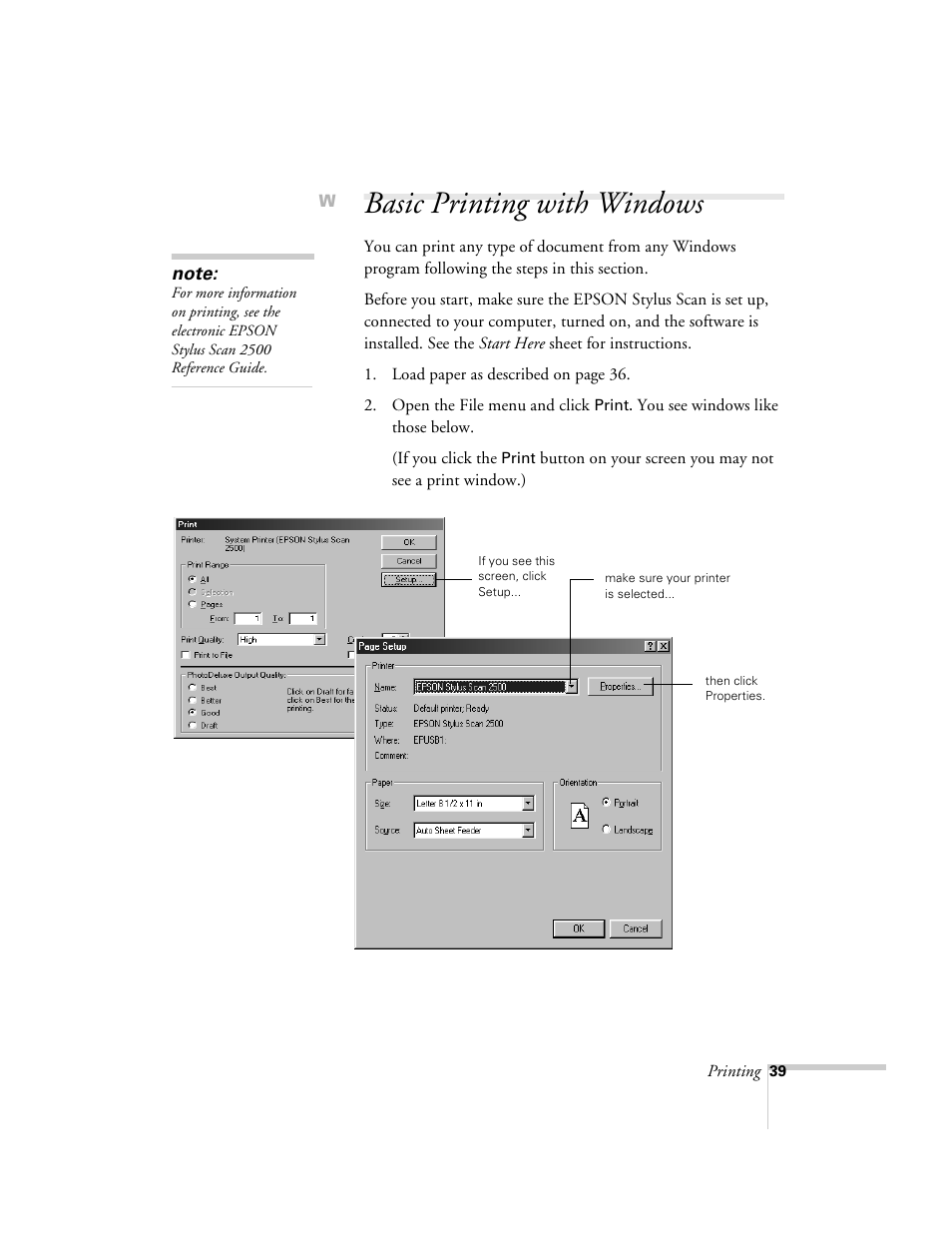 Basic printing with windows | Epson 2500 User Manual | Page 45 / 180