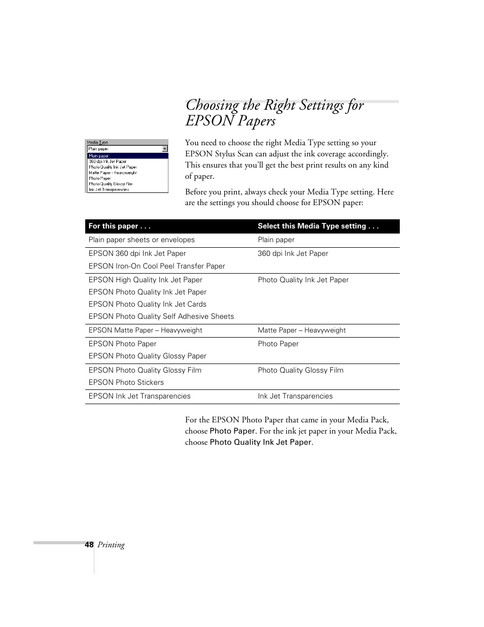 Choosing the right settings for epson papers | Epson 2500 User Manual | Page 54 / 180