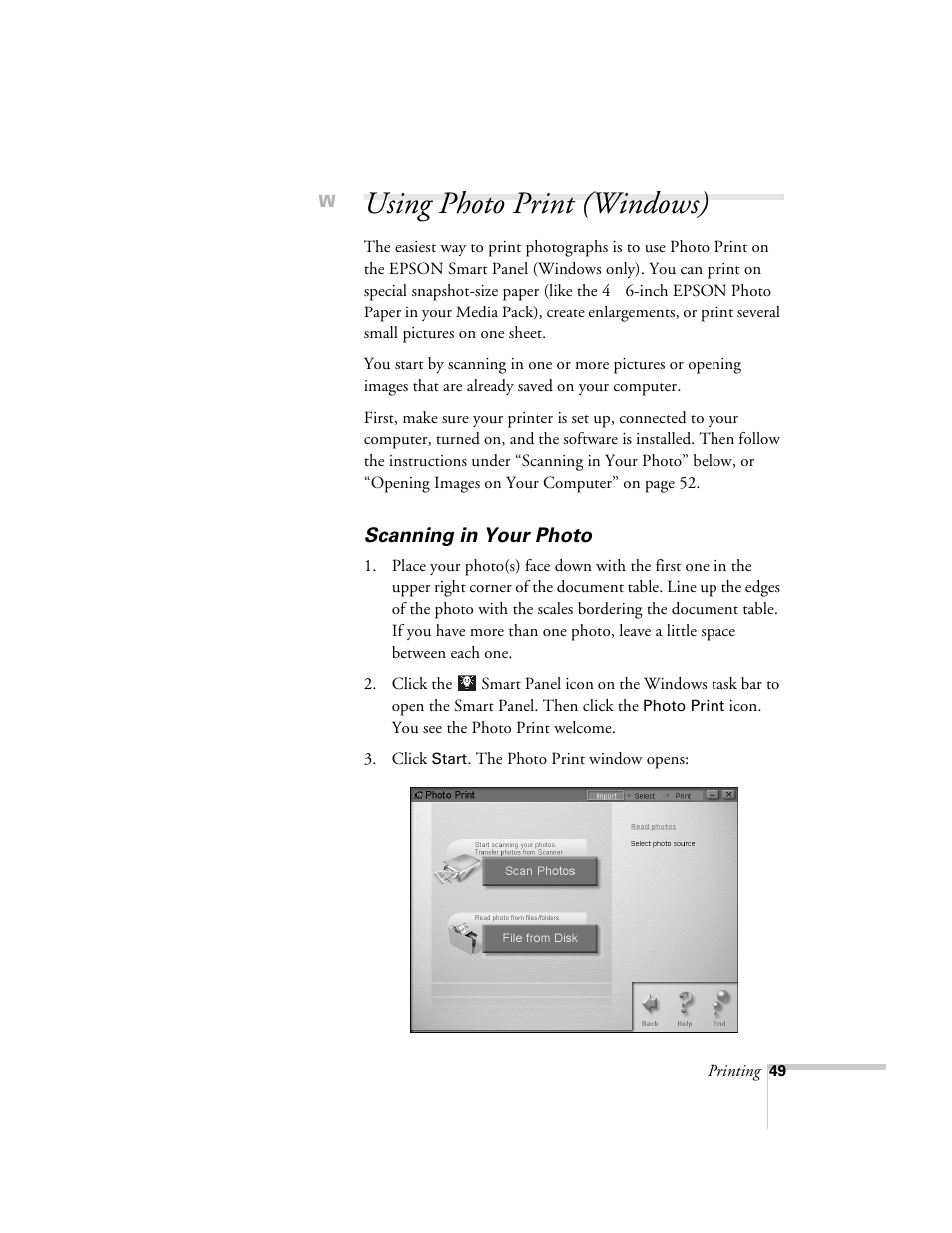 Using photo print (windows), Scanning in your photo | Epson 2500 User Manual | Page 55 / 180