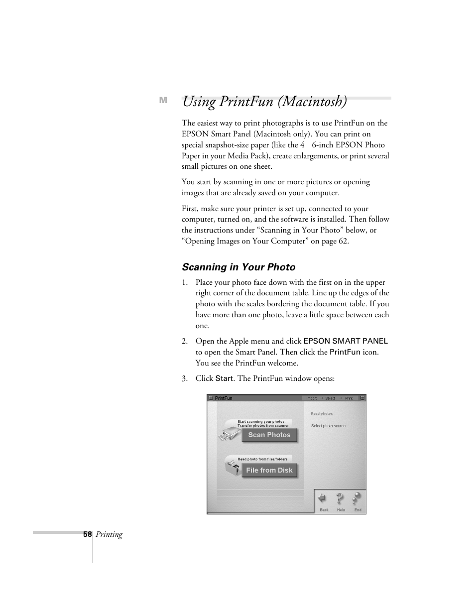 Using printfun (macintosh), Scanning in your photo | Epson 2500 User Manual | Page 64 / 180