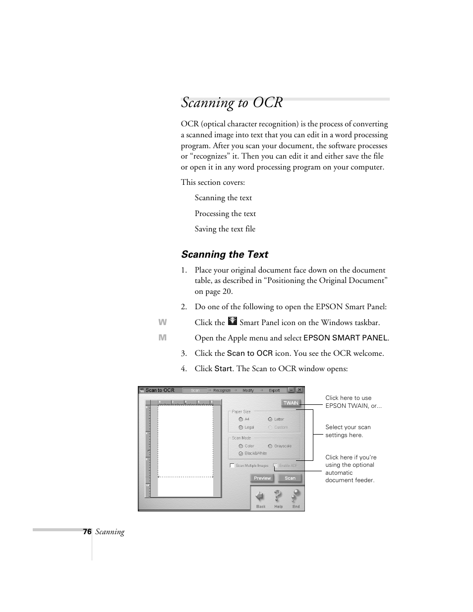 Scanning to ocr, Scanning the text | Epson 2500 User Manual | Page 82 / 180