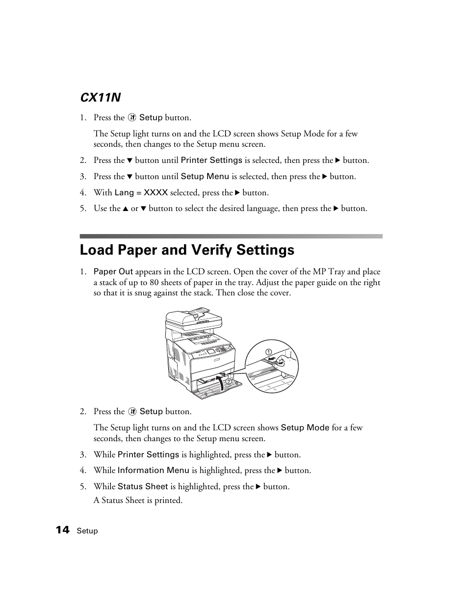 Cx11n, Load paper and verify settings | Epson AcuLaser CX11N User Manual | Page 14 / 32