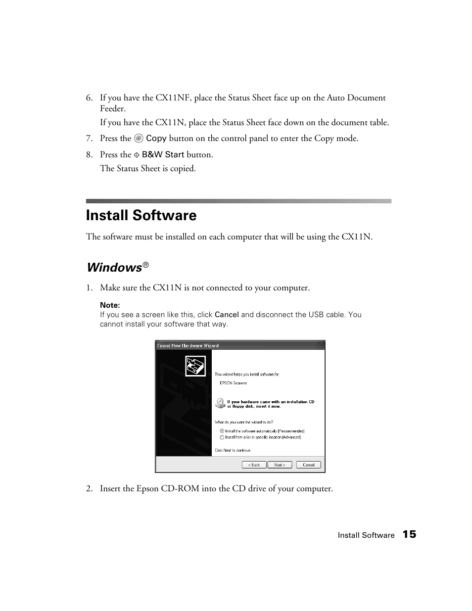 Install software, Windows | Epson AcuLaser CX11N User Manual | Page 15 / 32