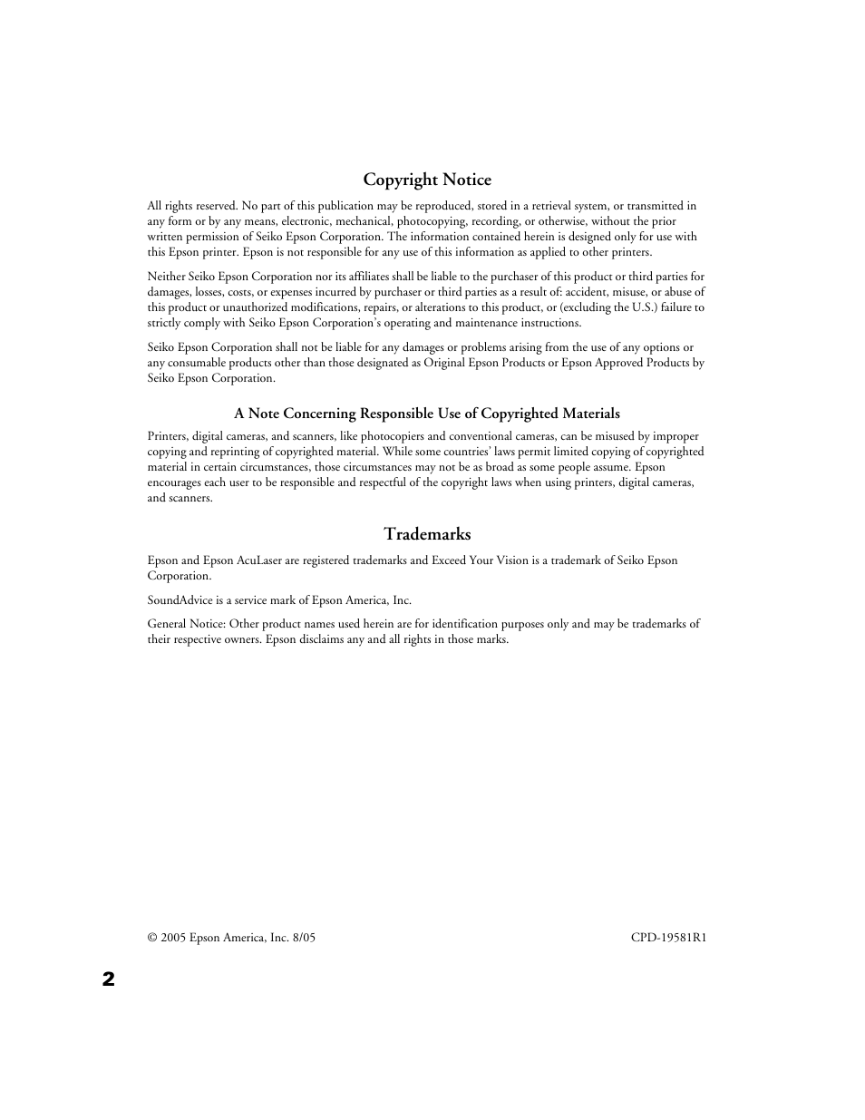Copyright notice, Trademarks | Epson AcuLaser CX11N User Manual | Page 2 / 32