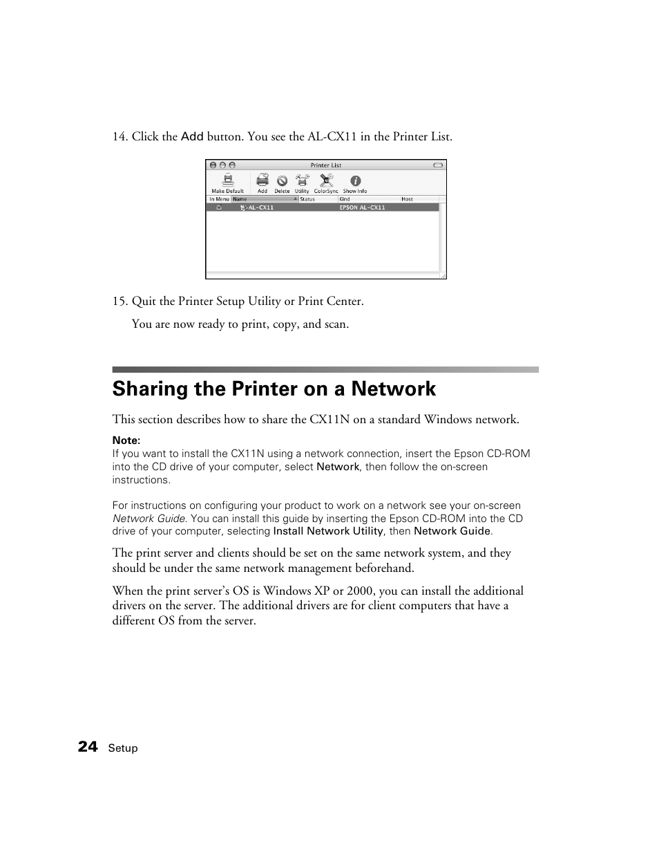 Sharing the printer on a network | Epson AcuLaser CX11N User Manual | Page 24 / 32
