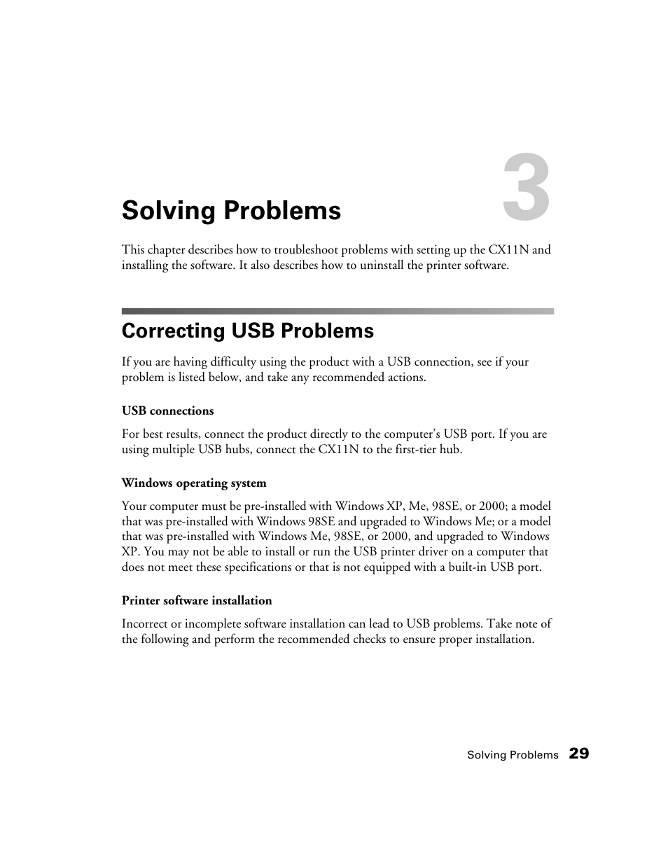 Solving problems, Correcting usb problems | Epson AcuLaser CX11N User Manual | Page 29 / 32