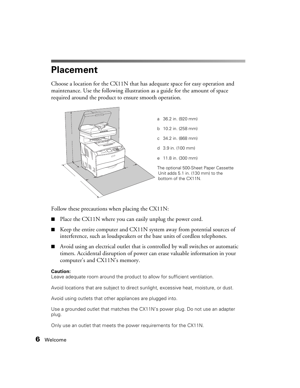 Placement | Epson AcuLaser CX11N User Manual | Page 6 / 32