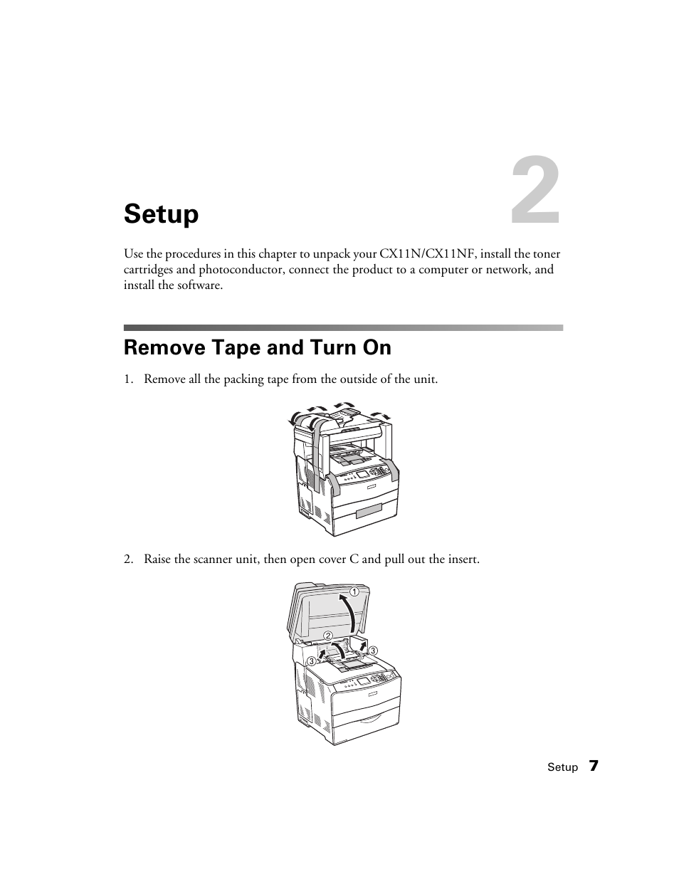 Setup, Remove tape and turn on | Epson AcuLaser CX11N User Manual | Page 7 / 32