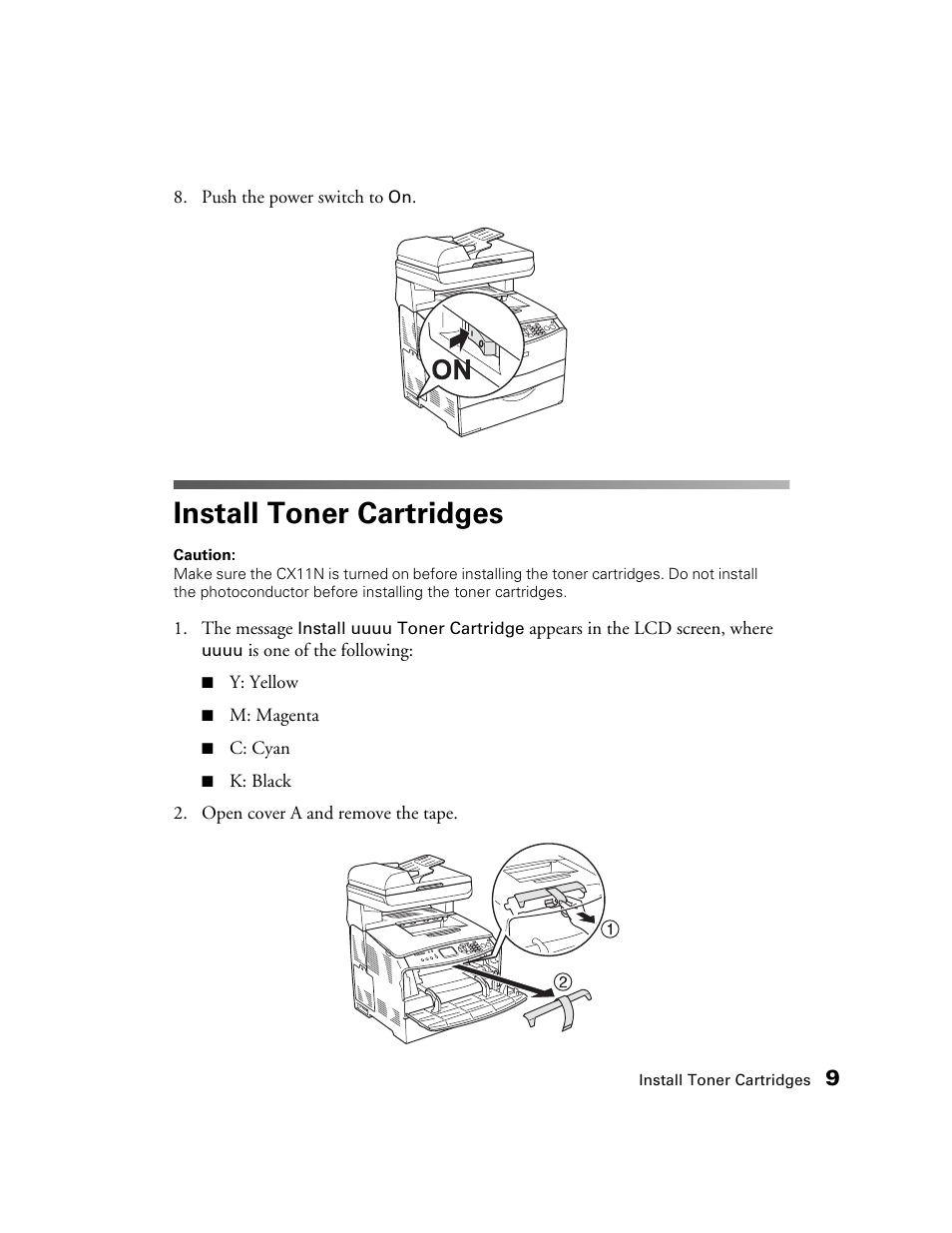 Install toner cartridges | Epson AcuLaser CX11N User Manual | Page 9 / 32