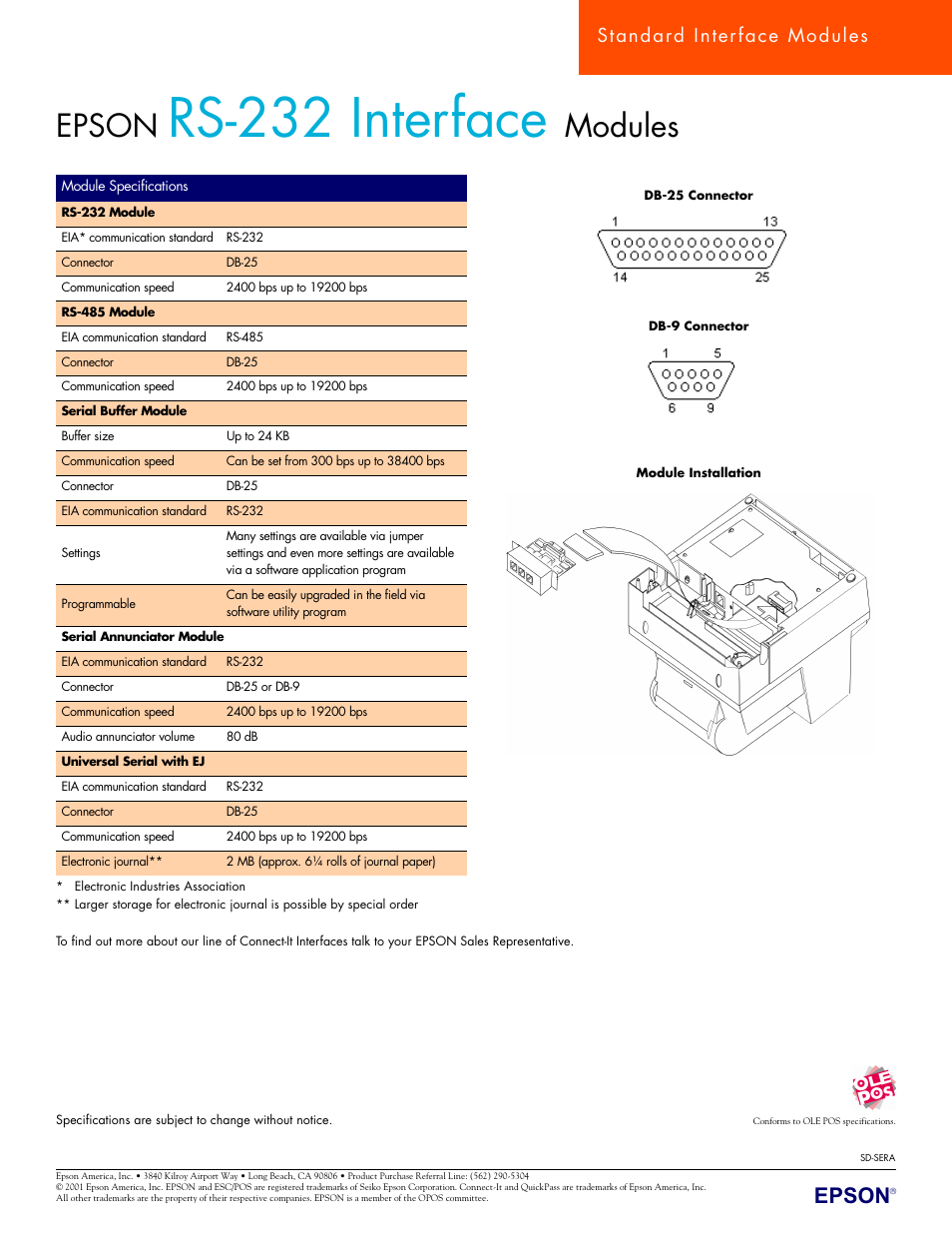 Rs-232 interface, Epson, Modules | Standard inter face modules | Epson RS-485 User Manual | Page 2 / 2