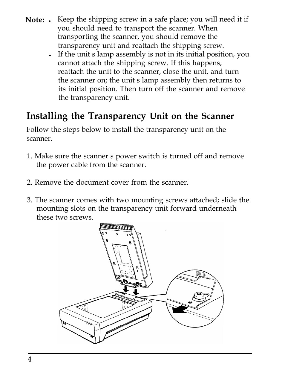 Installing the transparency, Unit on the scanner | Epson GT 600 User Manual | Page 6 / 11
