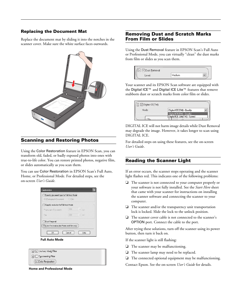 Scanning and restoring photos, Reading the scanner light | Epson PERFECTION V700 PHOTO User Manual | Page 9 / 10