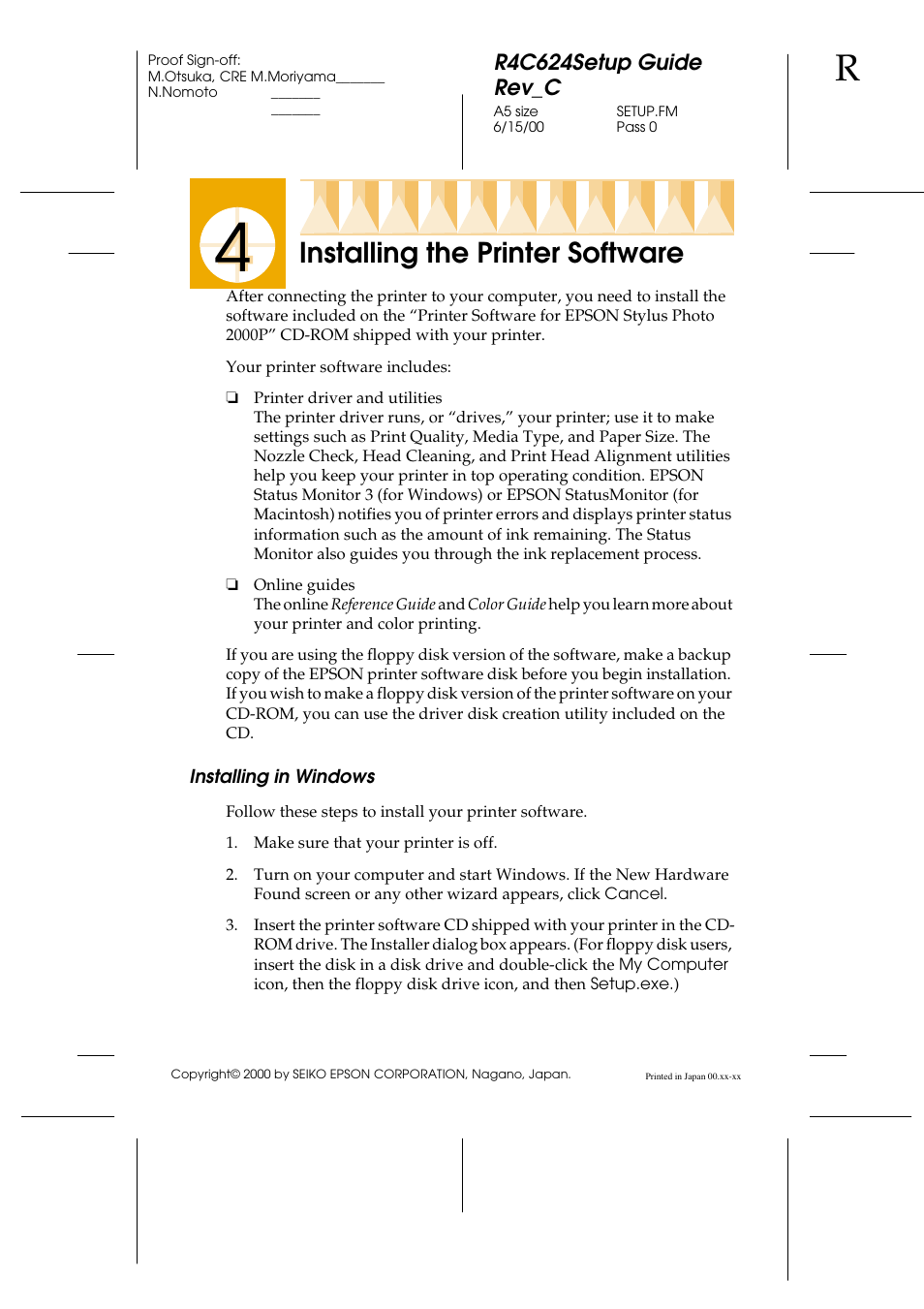Installing the printer software, Installing in windows, Installing the | Printer, Software, R4c624setup guide rev_c | Epson 2000P User Manual | Page 5 / 16