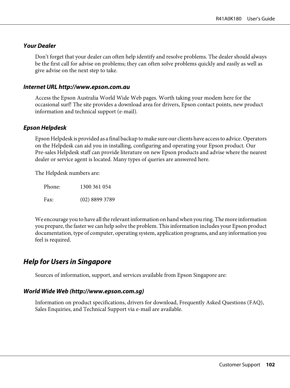 Help for users in singaporefor all products, Help for users in singapore | Epson P-7000 User Manual | Page 102 / 116