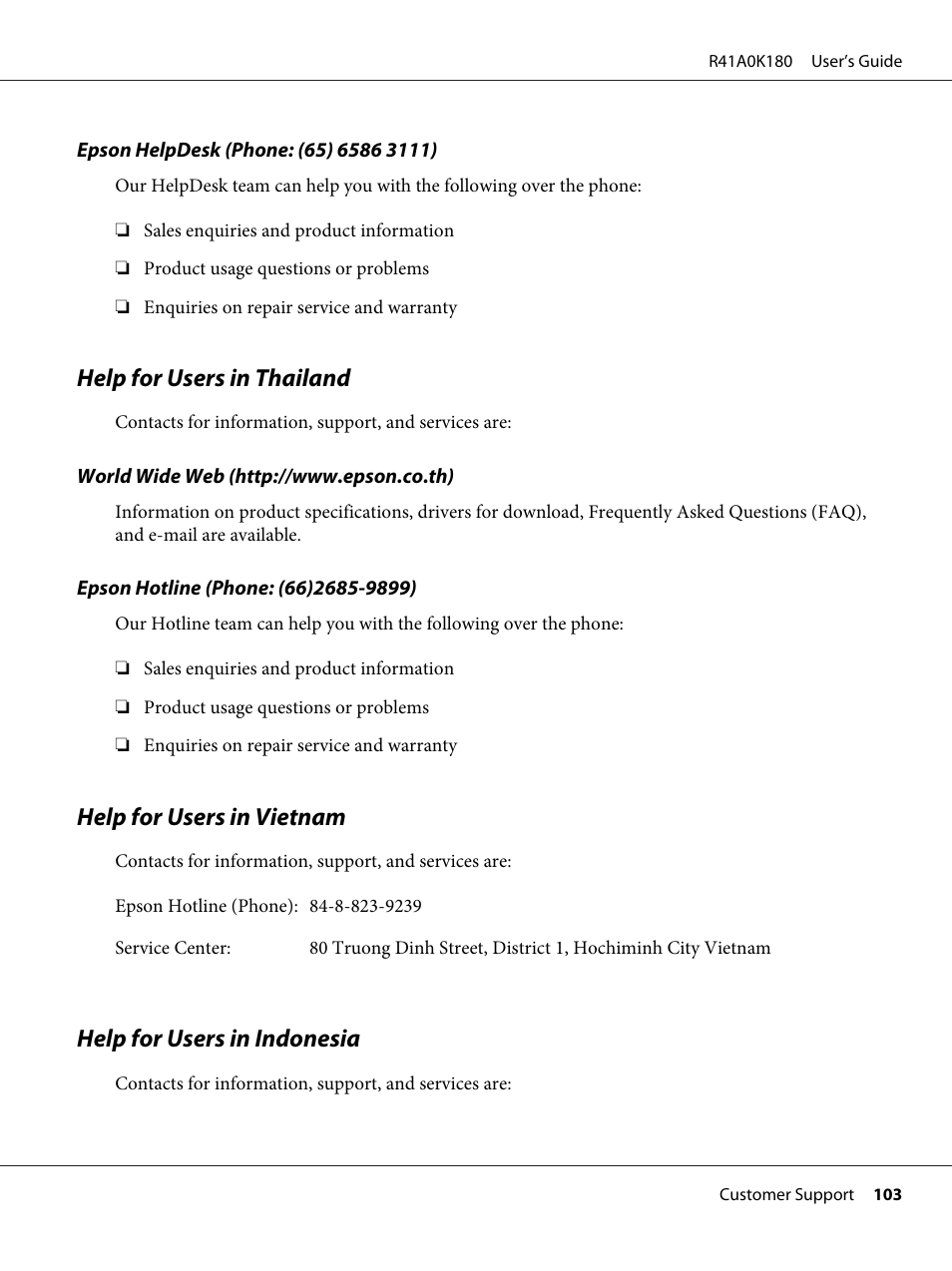 Help for users in thailandfor all products, Help for users in vietnamfor all products, Help for users in indonesiafor all products | Help for users in thailand, Help for users in vietnam, Help for users in indonesia | Epson P-7000 User Manual | Page 103 / 116