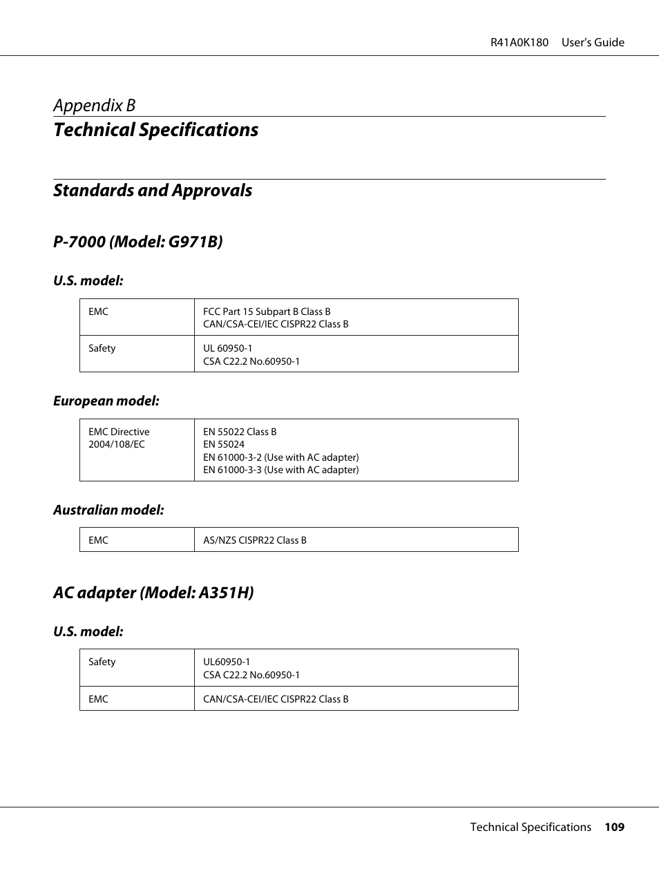 Technical specifications, Standards and approvals, P-7000 (model: g971b) | Ac adapter (model: a351h), Appendix b technical specifications, P-7000 (model: g971b) ac adapter (model: a351h), Appendix b | Epson P-7000 User Manual | Page 109 / 116