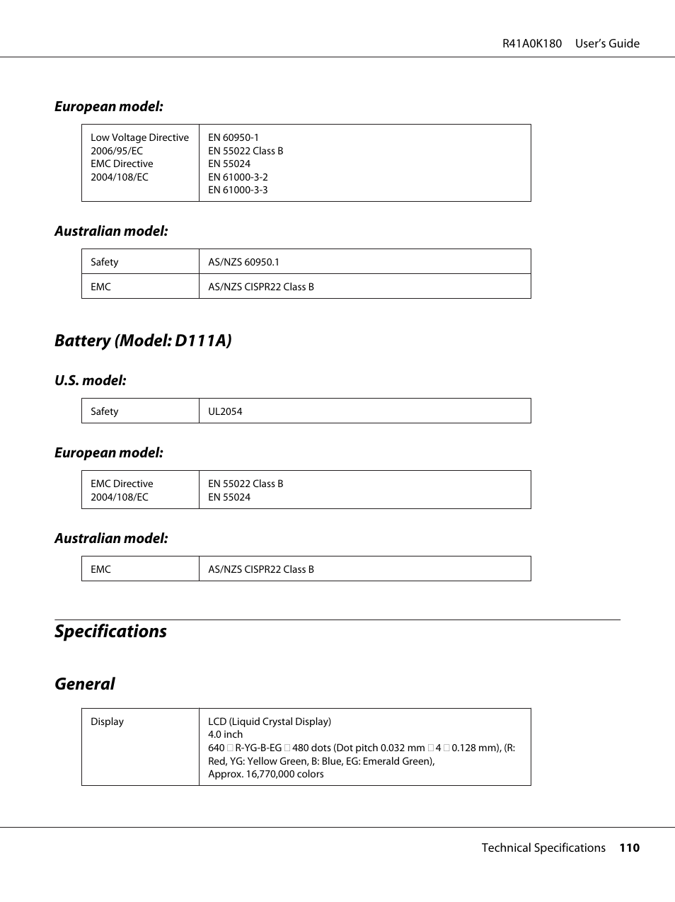 Battery (model: d111a), Specifications, General | Epson P-7000 User Manual | Page 110 / 116