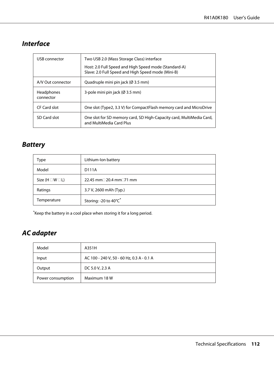 Interface, Battery, Ac adapter | Interface battery ac adapter | Epson P-7000 User Manual | Page 112 / 116