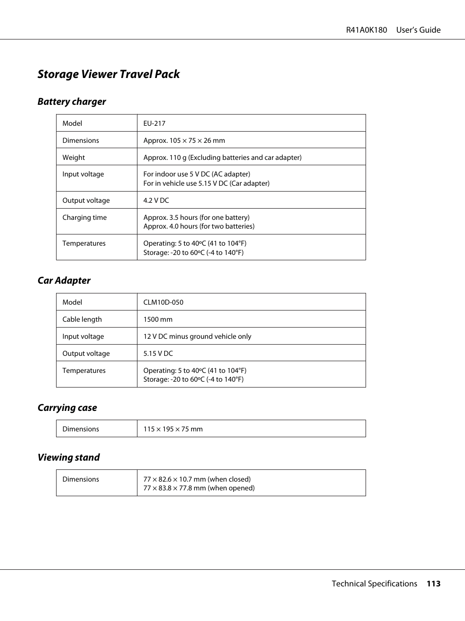 Storage viewer travel pack, Battery charger, Car adapter | Carrying case, Viewing stand | Epson P-7000 User Manual | Page 113 / 116
