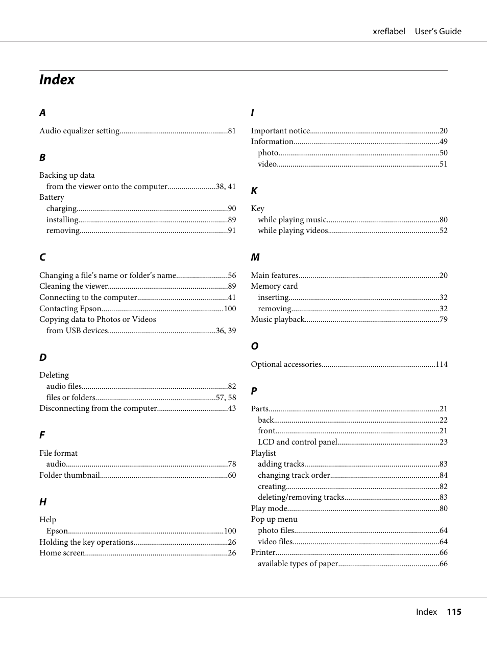 Index | Epson P-7000 User Manual | Page 115 / 116