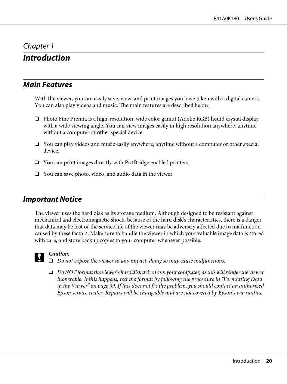 Introduction, Main features, Important notice | Chapter 1 introduction, Main features important notice, Chapter 1 | Epson P-7000 User Manual | Page 20 / 116