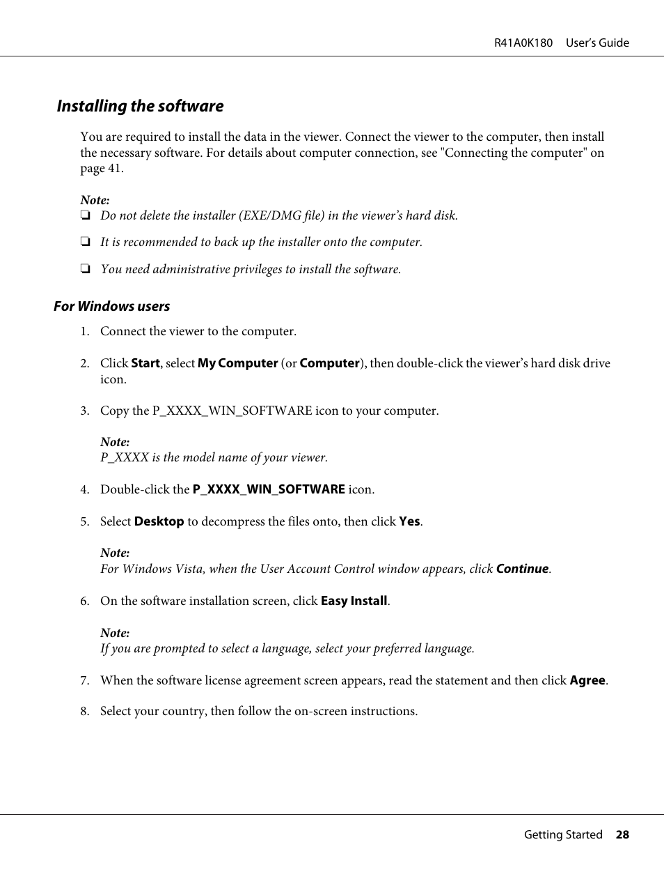 Installing the software | Epson P-7000 User Manual | Page 28 / 116