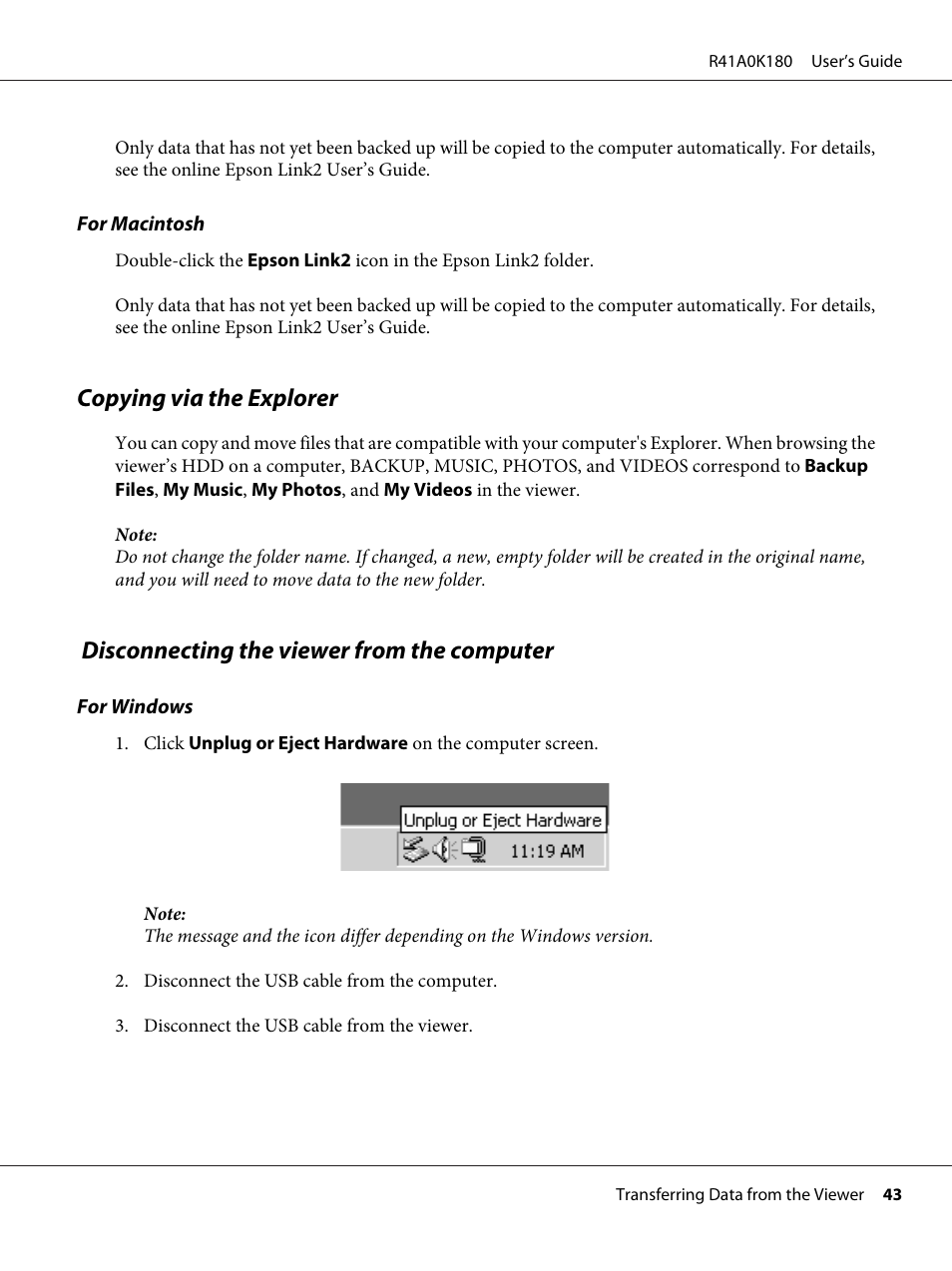 Copying via the explorer, Disconnecting the viewer from the computer | Epson P-7000 User Manual | Page 43 / 116