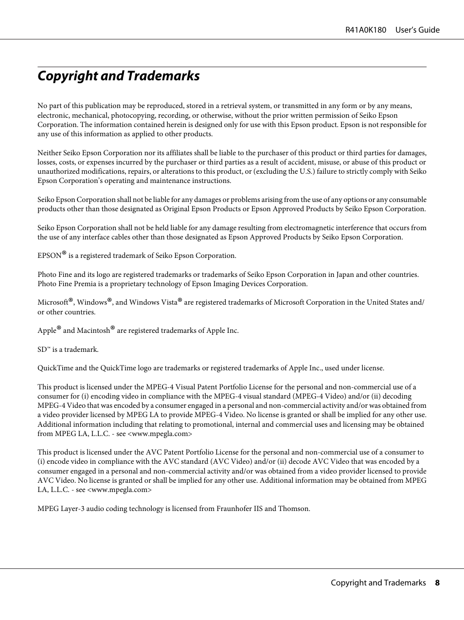 Copyright and trademarks | Epson P-7000 User Manual | Page 8 / 116