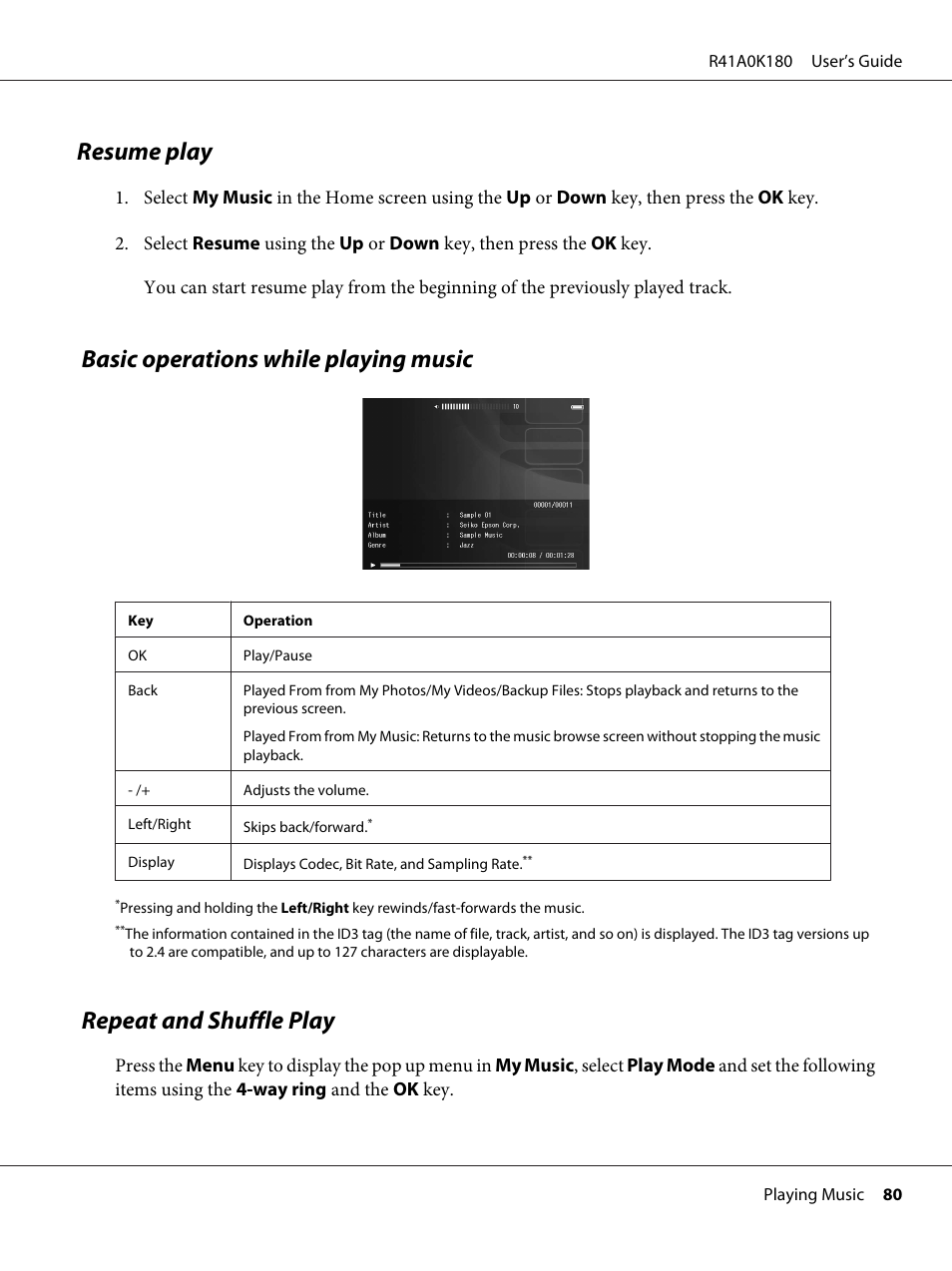 Resume play, Basic operations while playing music, Repeat and shuffle play | Resume play basic operations while playing music | Epson P-7000 User Manual | Page 80 / 116