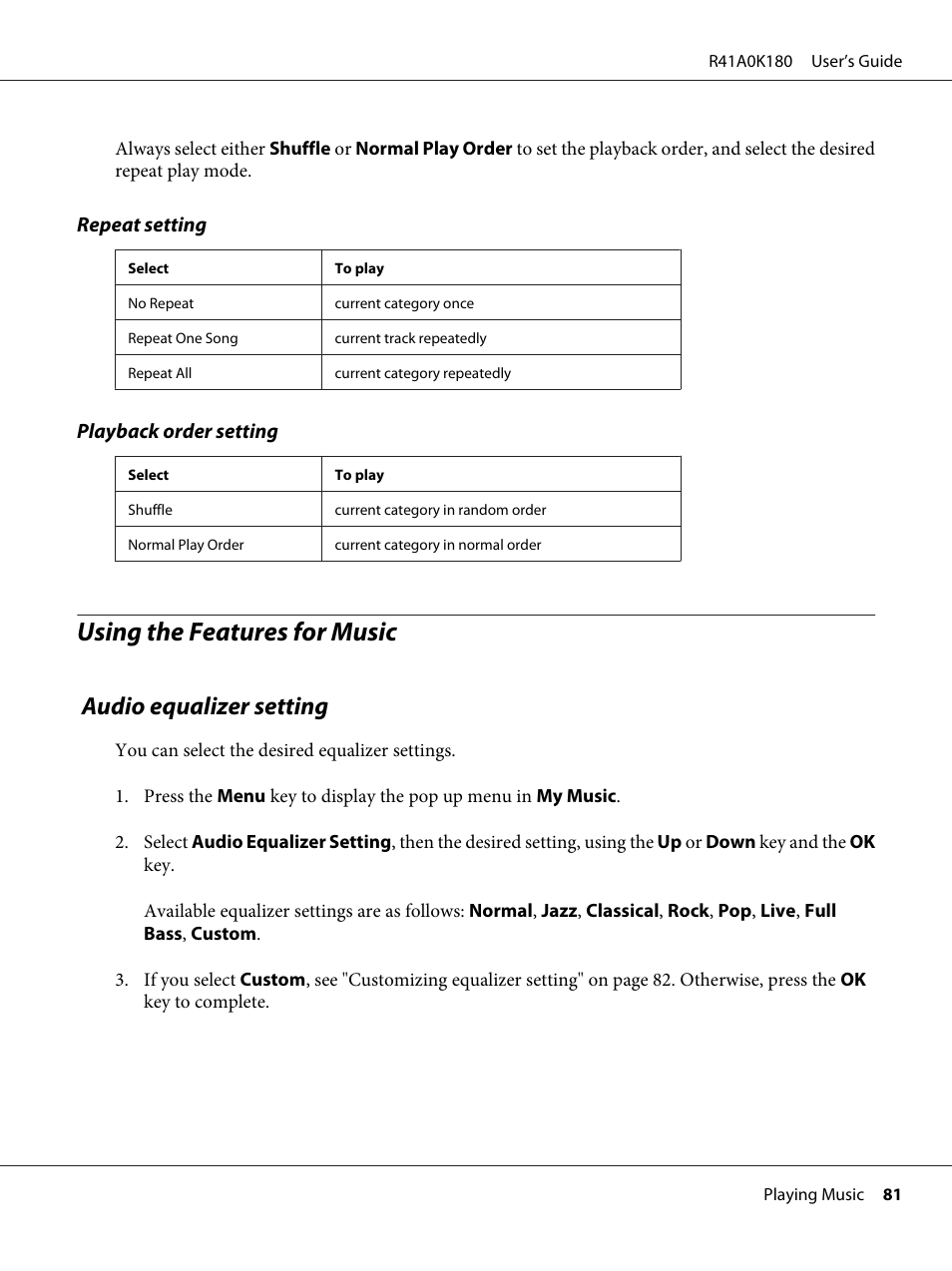 Using the features for music, Audio equalizer setting | Epson P-7000 User Manual | Page 81 / 116