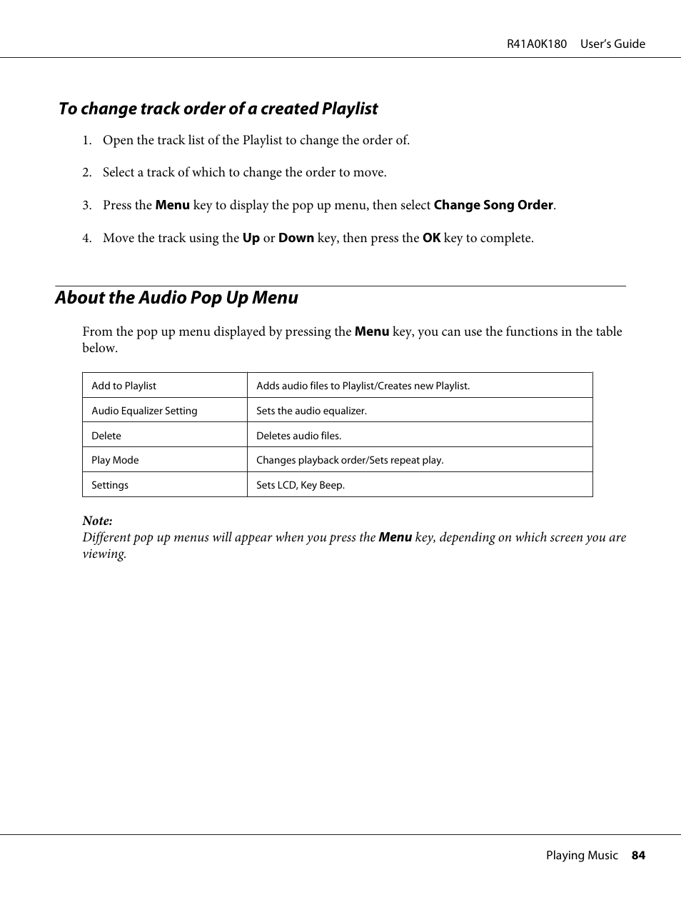 To change track order of a created playlist, About the audio pop up menu | Epson P-7000 User Manual | Page 84 / 116
