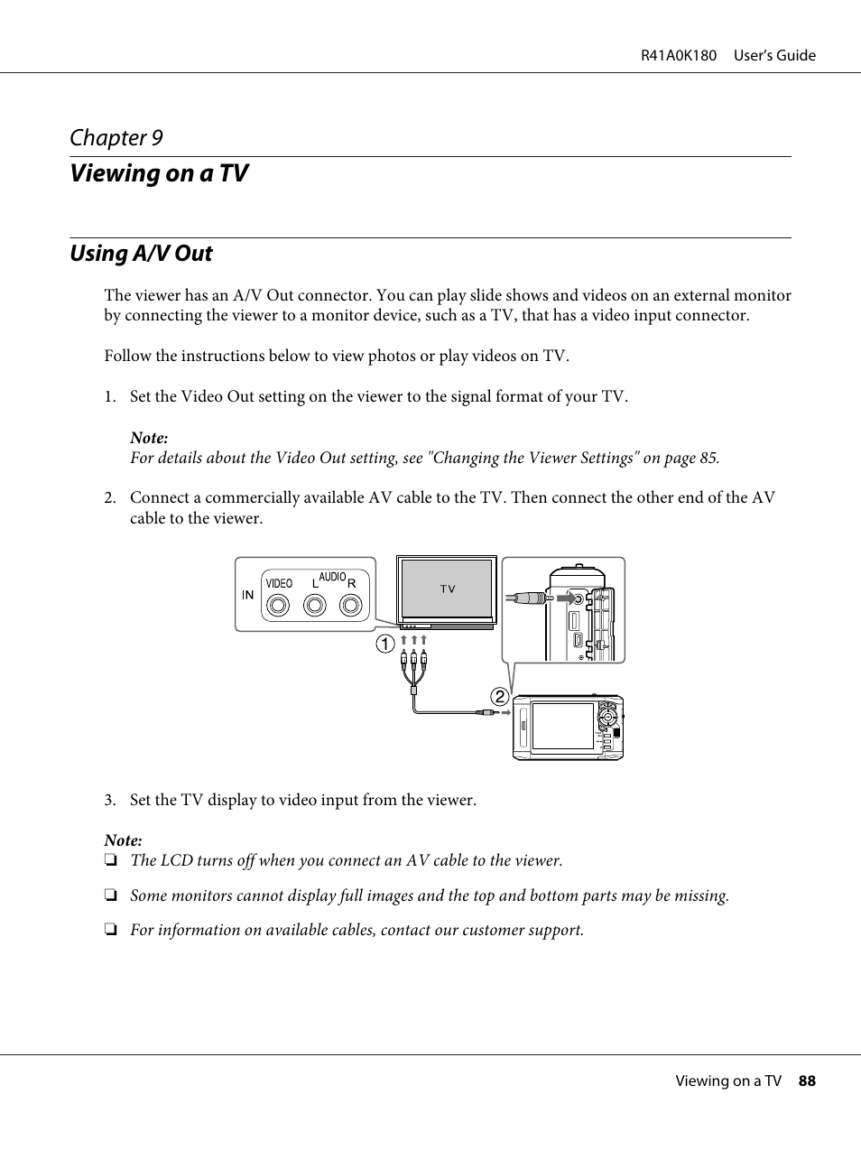 Viewing on a tv, Using a/v out, Chapter 9 viewing on a tv | Chapter 9 | Epson P-7000 User Manual | Page 88 / 116
