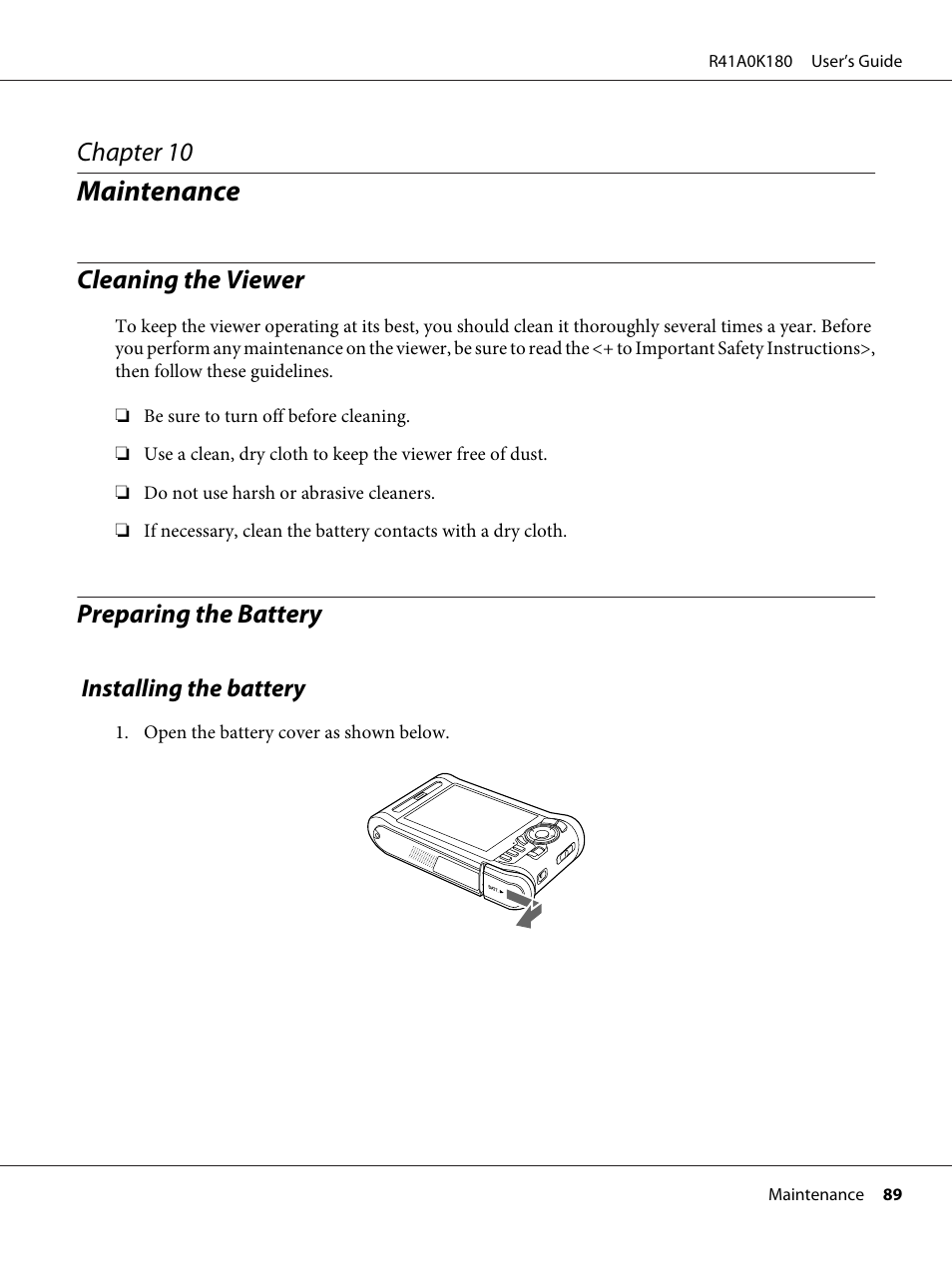 Maintenance, Cleaning the viewer, Preparing the battery | Installing the battery, Chapter 10 maintenance, Cleaning the viewer preparing the battery, Chapter 10 | Epson P-7000 User Manual | Page 89 / 116