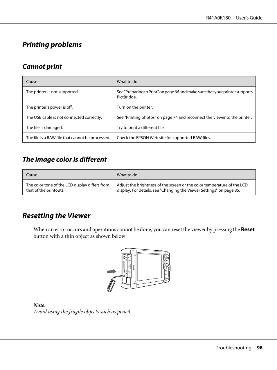Printing problems, Cannot print, The image color is different | Resetting the viewer, Cannot print the image color is different | Epson P-7000 User Manual | Page 98 / 116