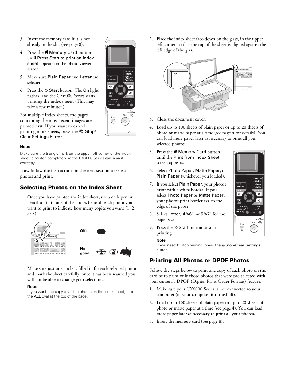 Selecting photos on the index sheet, Printing all photos or dpof photos | Epson Stylus CX6000 User Manual | Page 10 / 18