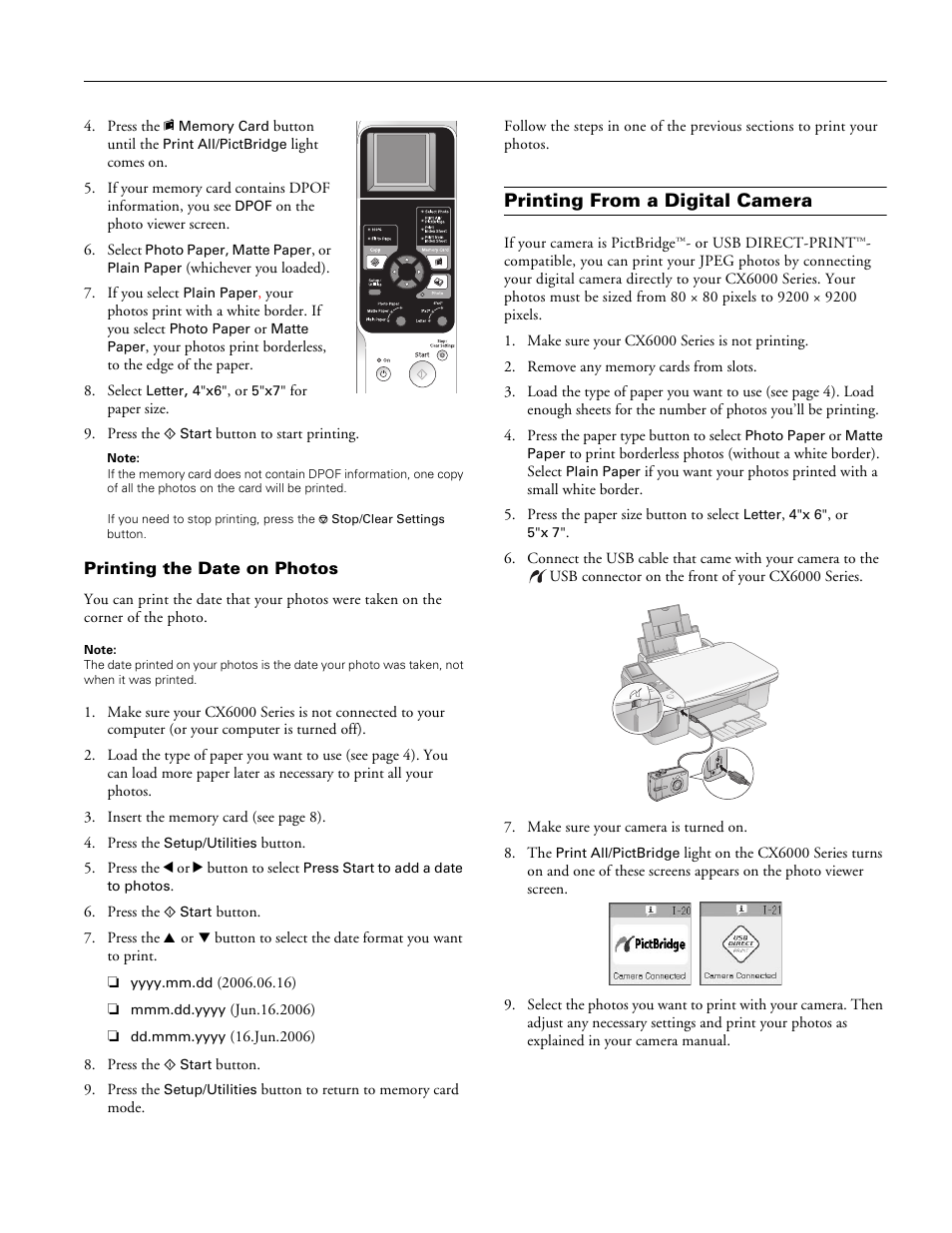 Printing the date on photos, Printing from a digital camera | Epson Stylus CX6000 User Manual | Page 11 / 18