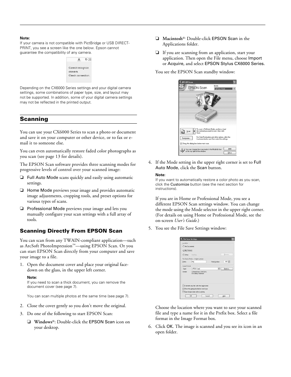 Scanning, Scanning directly from epson scan, Epson stylus cx6000 series | Epson Stylus CX6000 User Manual | Page 12 / 18