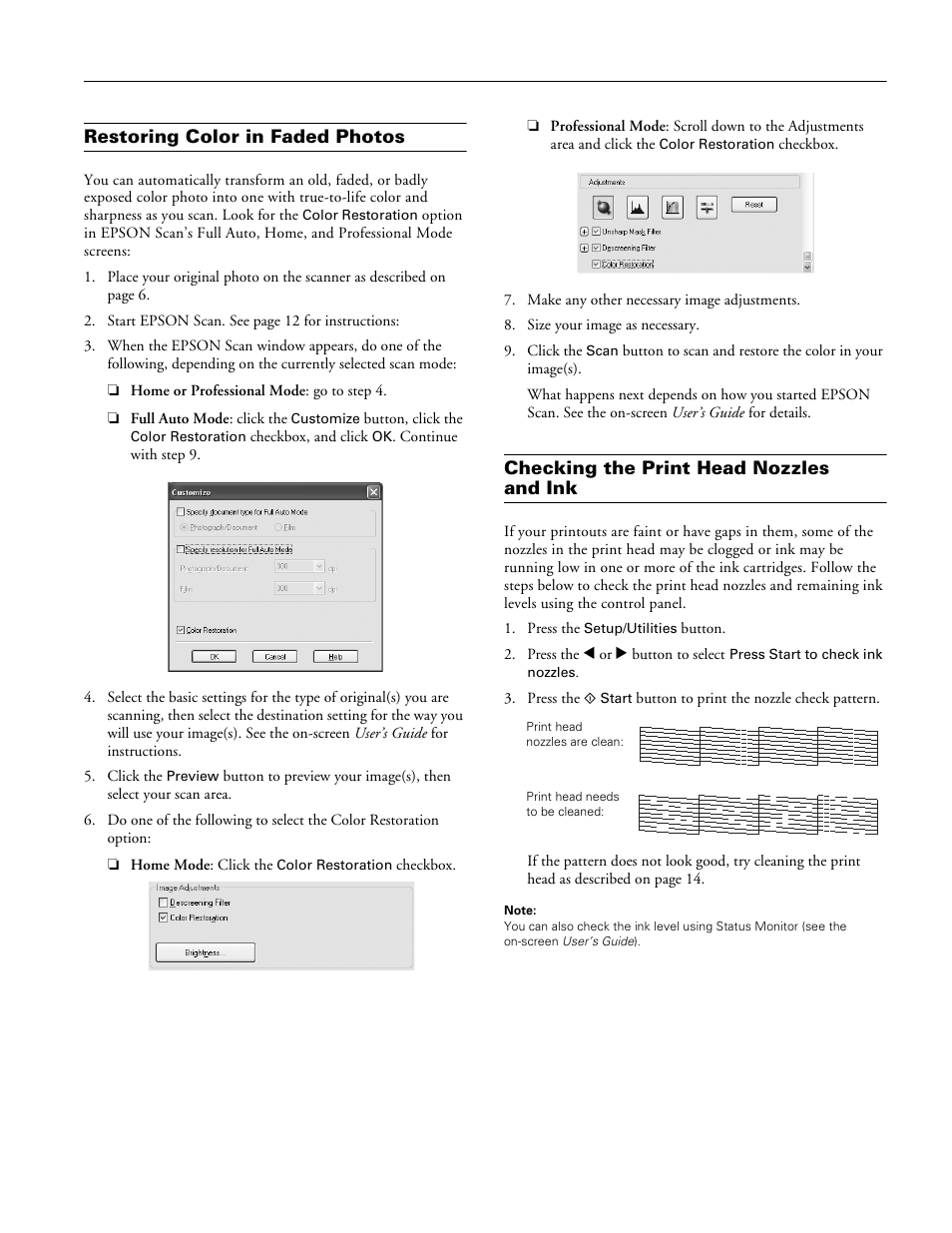 Restoring color in faded photos, Checking the print head nozzles and ink | Epson Stylus CX6000 User Manual | Page 13 / 18