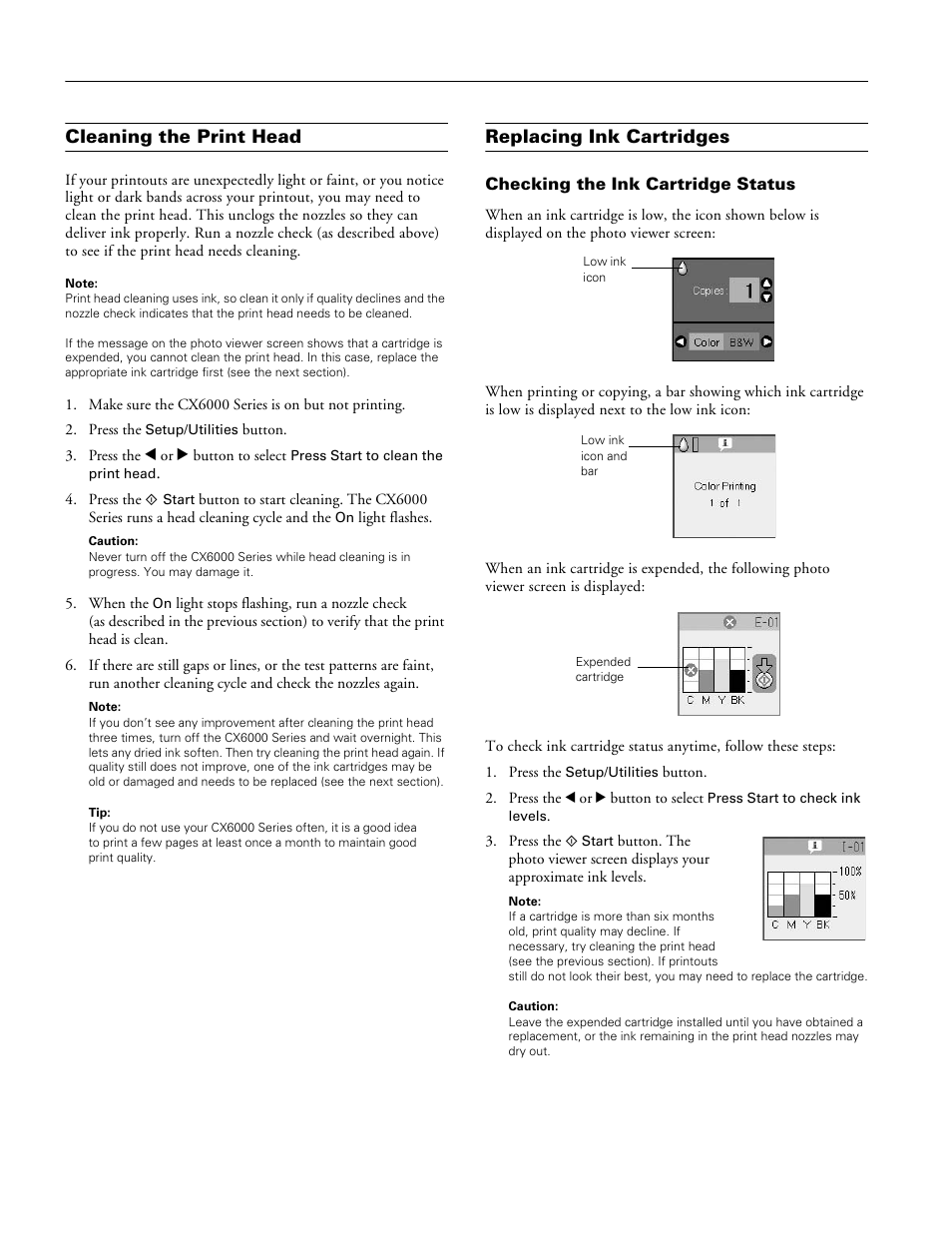 Cleaning the print head, Replacing ink cartridges, Checking the ink cartridge status | Epson Stylus CX6000 User Manual | Page 14 / 18