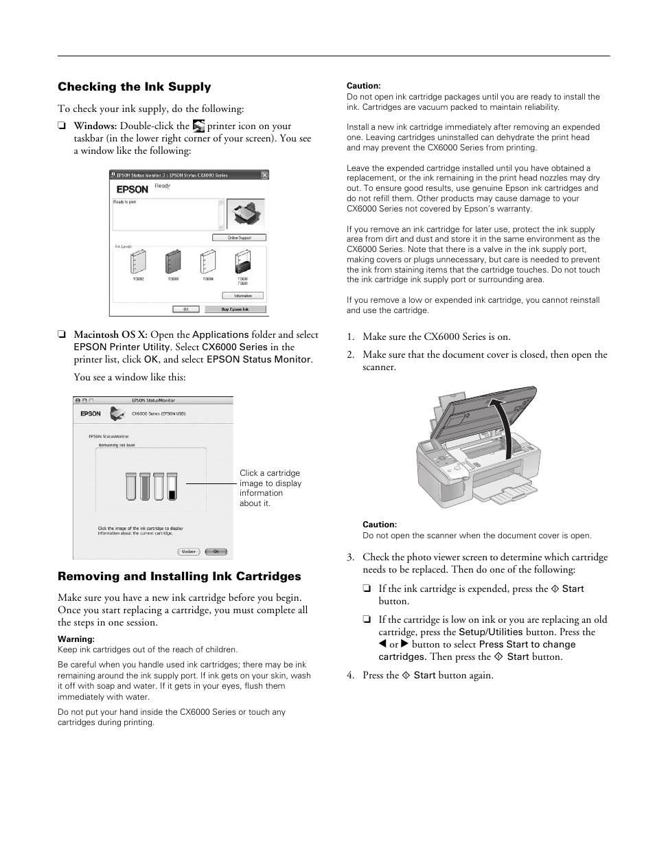 Checking the ink supply, Removing and installing ink cartridges | Epson Stylus CX6000 User Manual | Page 15 / 18
