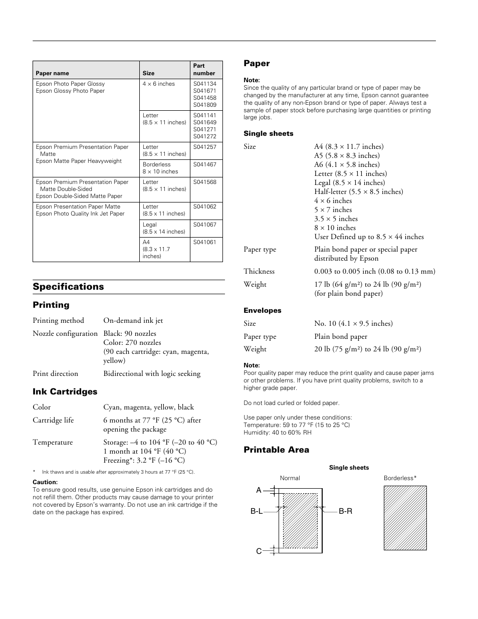 Specifications, Printing, Ink cartridges | Paper, Printable area, Epson stylus cx6000 series | Epson Stylus CX6000 User Manual | Page 2 / 18