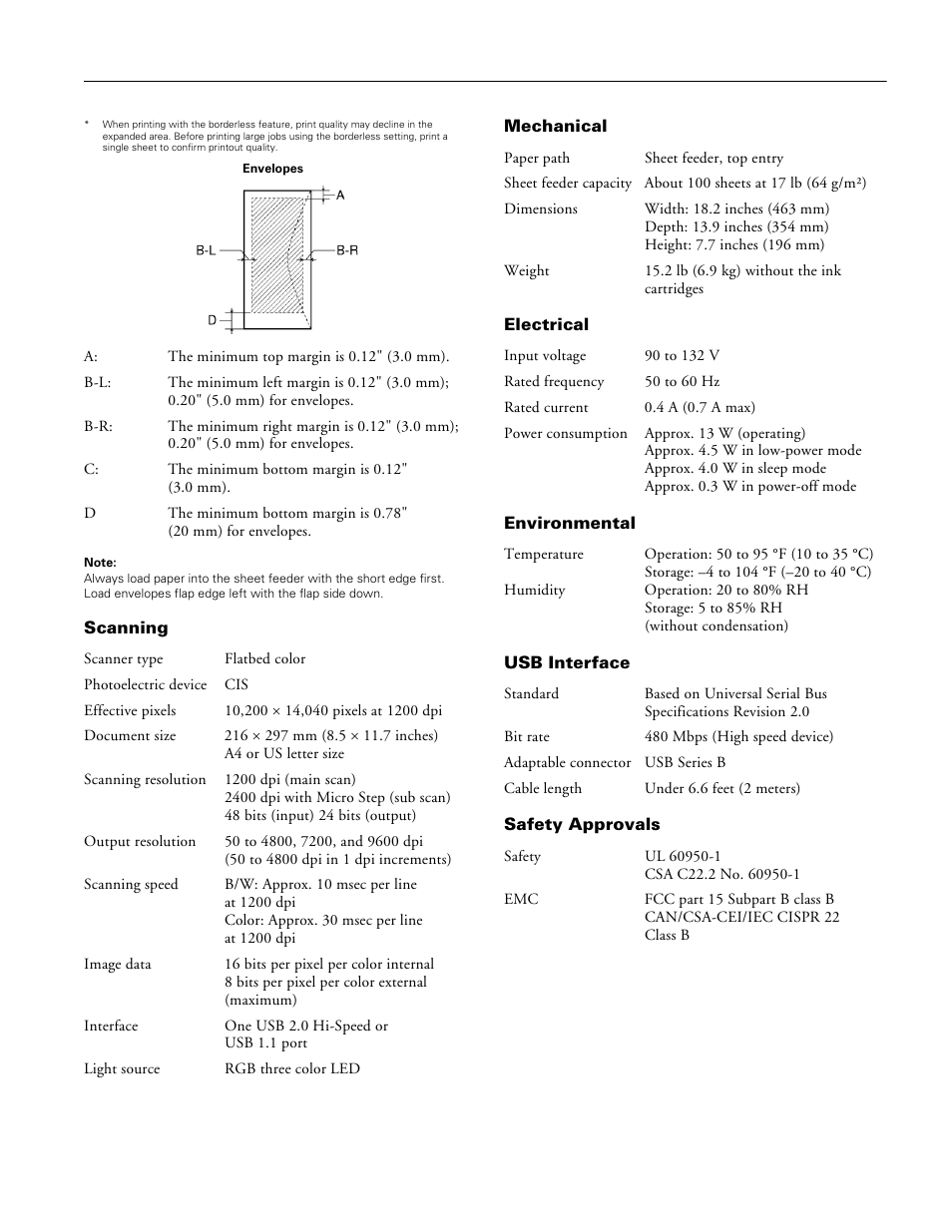 Scanning, Mechanical, Electrical | Environmental, Usb interface, Safety approvals | Epson Stylus CX6000 User Manual | Page 3 / 18