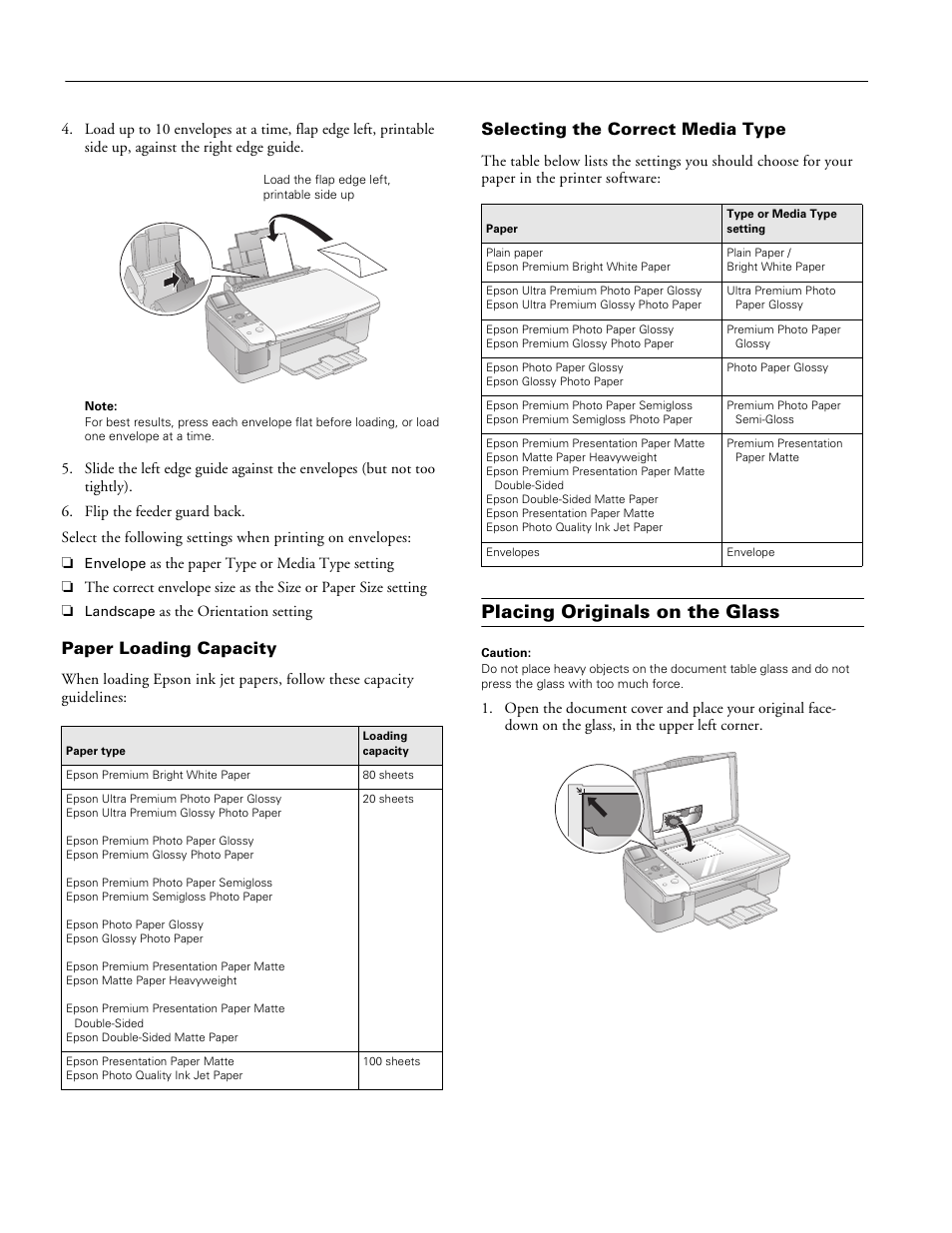 Paper loading capacity, Selecting the correct media type, Placing originals on the glass | Epson stylus cx6000 series | Epson Stylus CX6000 User Manual | Page 6 / 18