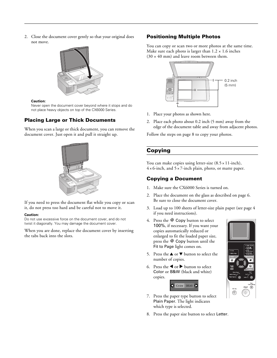 Placing large or thick documents, Positioning multiple photos, Copying | Copying a document | Epson Stylus CX6000 User Manual | Page 7 / 18