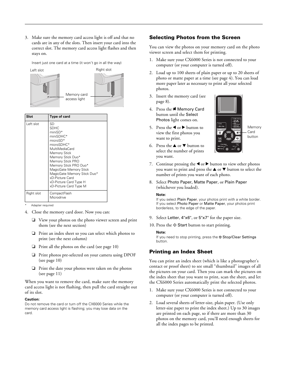 Selecting photos from the screen, Printing an index sheet, Epson stylus cx6000 series | Epson Stylus CX6000 User Manual | Page 9 / 18