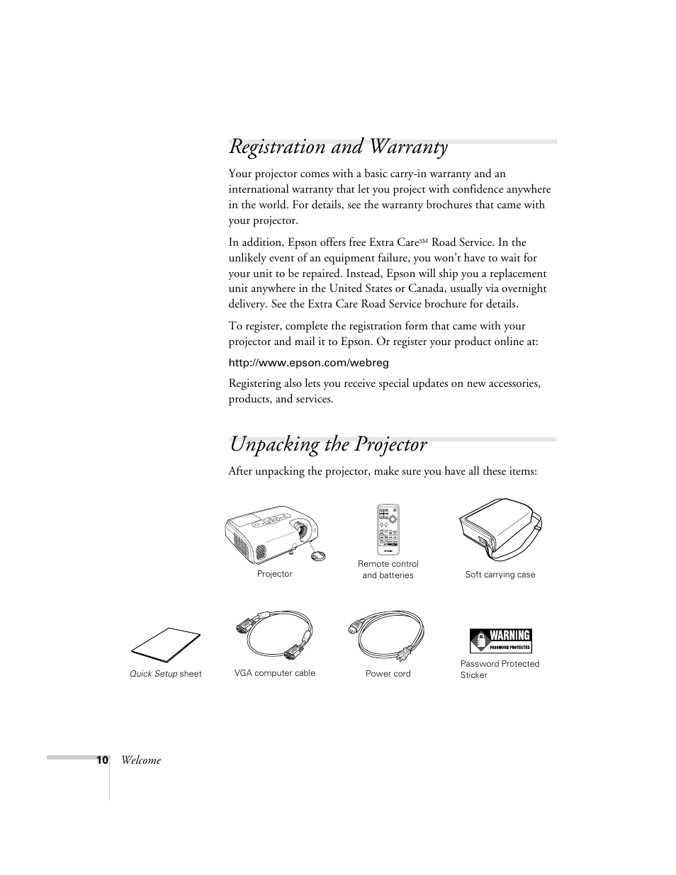 Registration and warranty, Unpacking the projector, Registration and warranty unpacking the projector | Epson 76C User Manual | Page 10 / 111